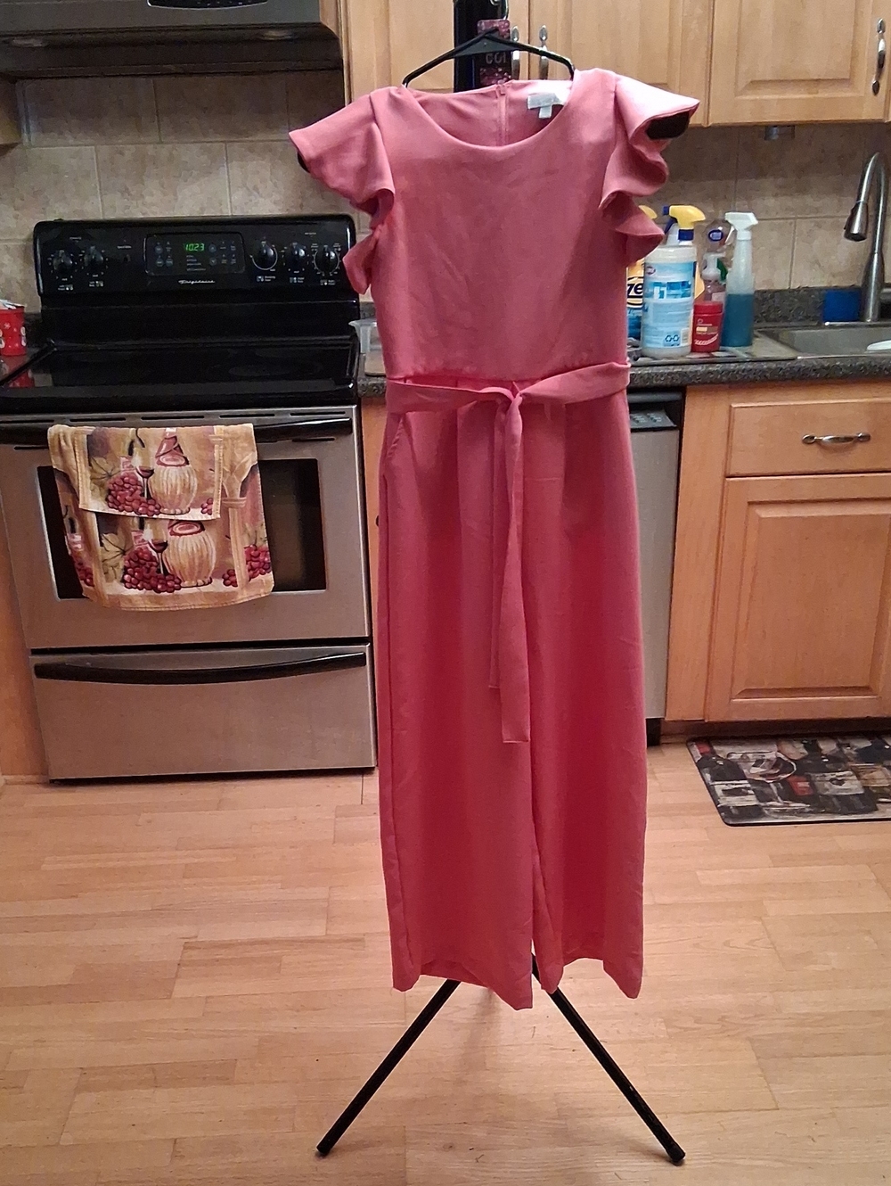btween Pink Ruffle-Sleeve Wide-Leg Jumpsuit with Tie Waist